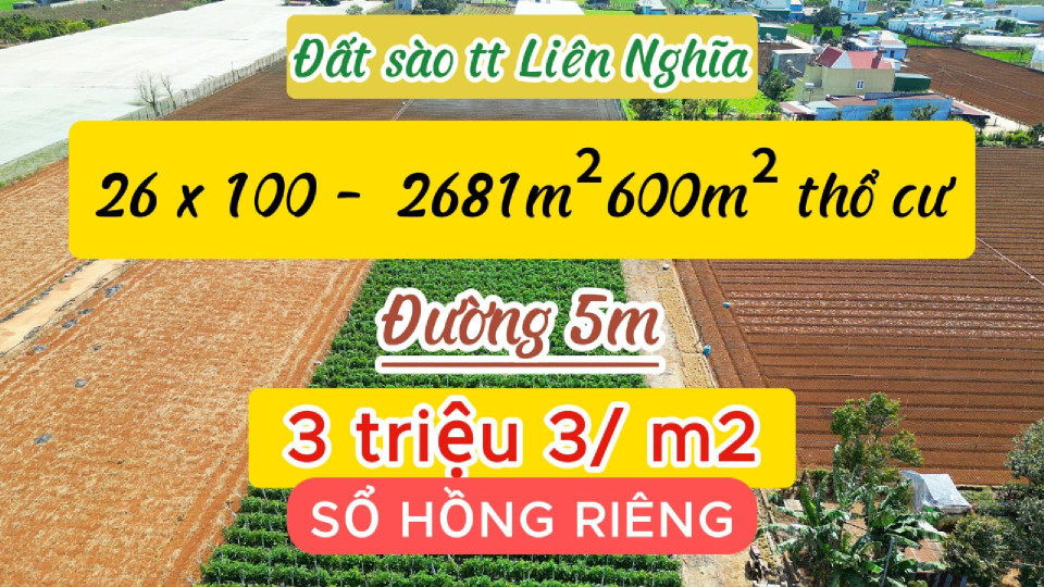 🌐🌐 Đất Sào TT Liên Nghĩa 🏝️🏝️ Diện Tích: 26 x 100 (2.681 m2) - 600m2 Đất Thổ Cư - Đường Bê Tông 5m.