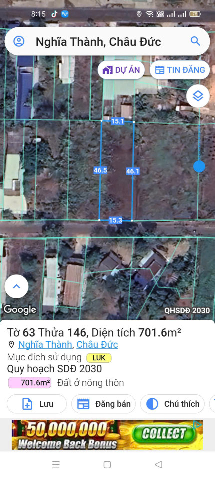 Chủ cần tiền bán 15m đ33 full hồng chưa thổ cư khu dân cư