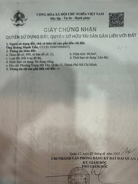 Bán 3 lô đất (4x18) Sổ mới ra lò. Đường 5m Trung Mỹ Tây 13, Quận 12