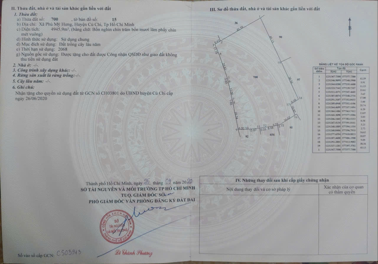 (S606) (Đã bán ) Đất xã Phú Mỹ Hưng, dt 4.945m2, đất ở khsx, giá 2 tỷ 100