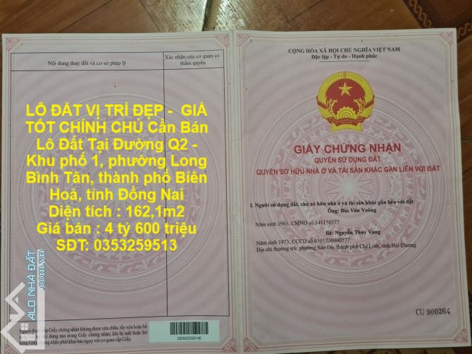 LÔ ĐẤT VỊ TRÍ ĐẸP -  GIÁ TỐT CHÍNH CHỦ Cần Bán Lô Đất Tại Tp Biên Hòa, tỉnh Đồng Nai
