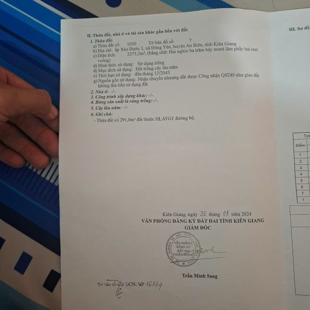 ĐẤT ĐẸP - ĐẦU TƯ SINH LỜI- CHÍNH CHỦ Cần Bán Nhanh Lô Đất tại Xã Đông Yên, An Biên, Kiên Giang