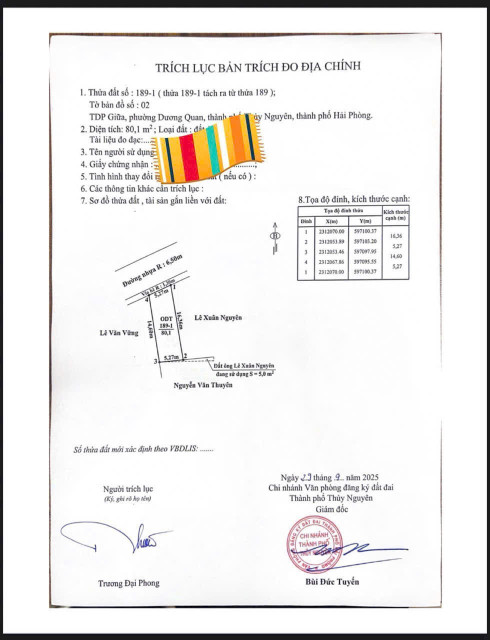 Bán đất 80.6m² đường nhựa 9m. giá 6.65 tỷ tại Dương Quan Thuỷ Nguyên. liên hệ 0362558882