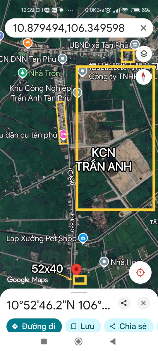 52X40 LÚA, MẶT TIỀN ĐT.830 BỜ KINH, KẾ BÊN KCN TRẦN ANH 200M, GIÁ CỰC SỐC, XE TẢI, SẮP NHỰA,  MT RỘNG, CÓ THỂ LÀM CHỢ NHỎ, BÁN CHO CÔNG NHÂN