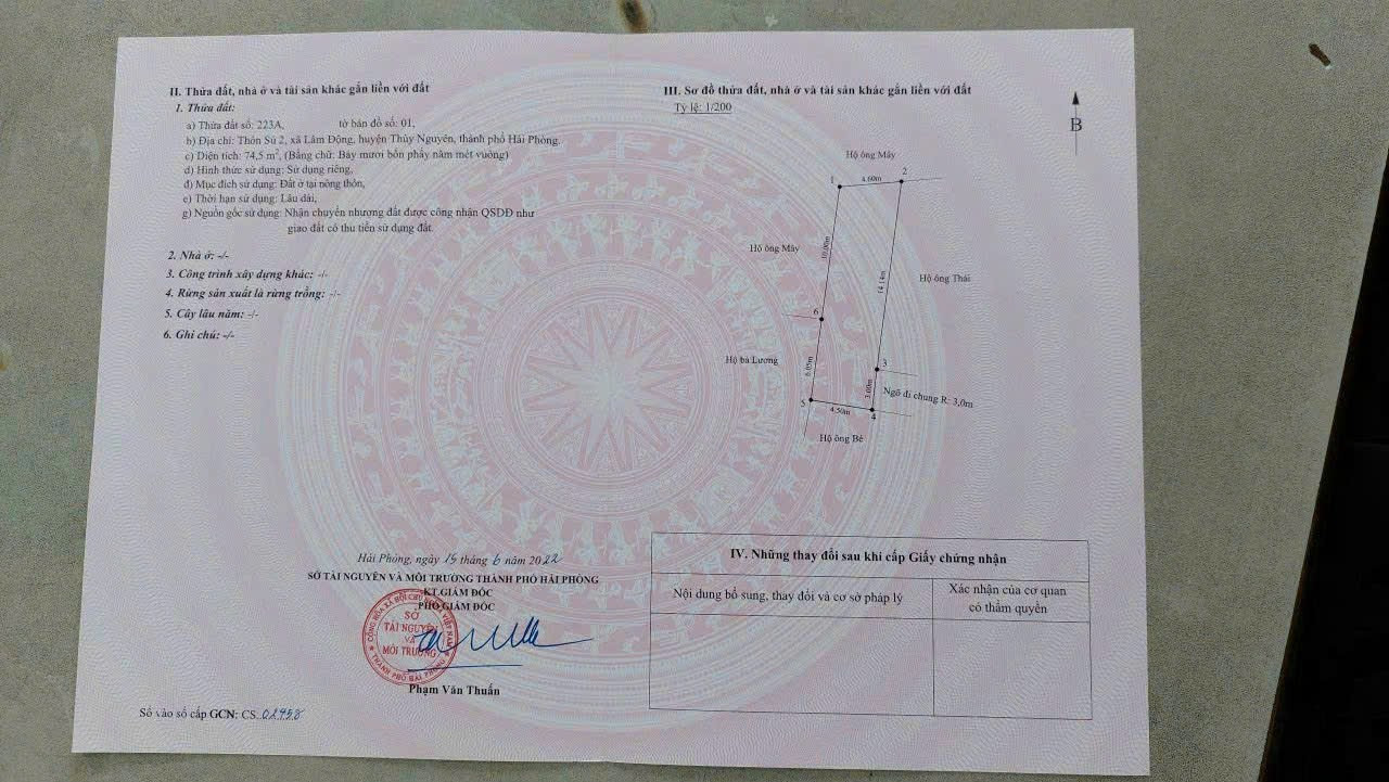 Chính chủ cần bán nhanh lô đất tại lâm động Thủy Nguyên dt 74,5m ngang 4,5 giá chỉ 1tỷ xx lh ngay 0382341632 em Liên