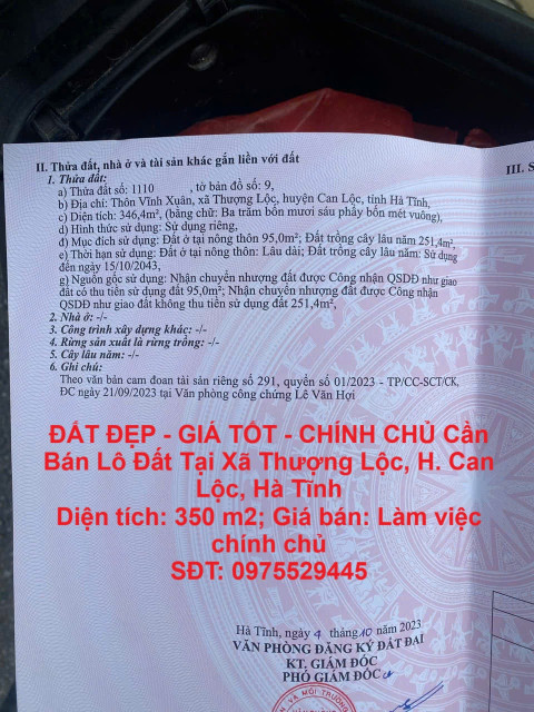ĐẤT ĐẸP - GIÁ TỐT - CHÍNH CHỦ Bán Lô Đất Tại Xã Thượng Lộc, H. Can Lộc, Hà Tĩnh