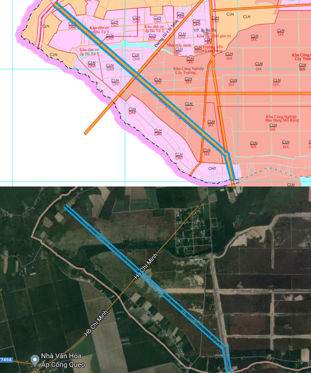 Quy hoạch đường Hồ Chí Minh kéo dài thể hiện trên sơ đồ đất dùng đến 2030 và từ vệ tinh Google