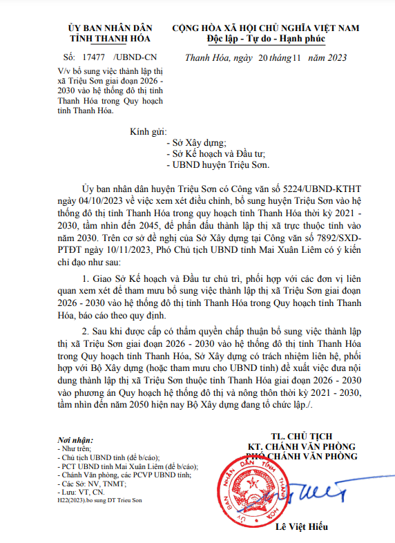 Văn bản số 17477/UBND-CN của UBND tỉnh Thanh Hóa